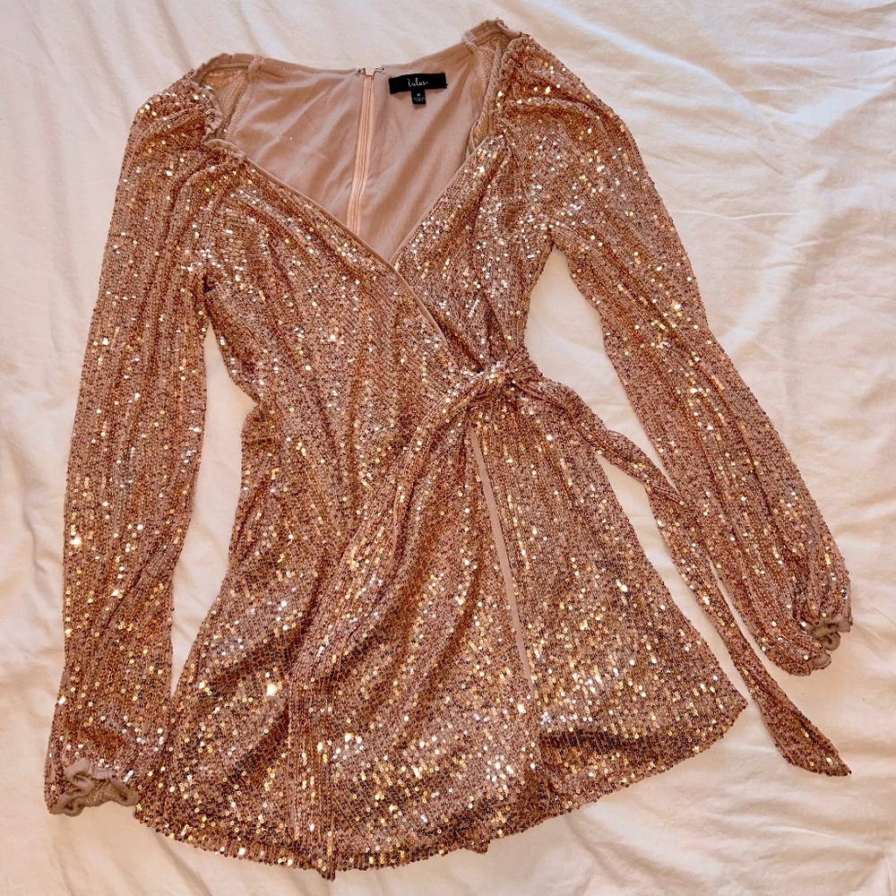 Lulu’s Pink Sequin “You Glow Girl” Rose Gold Wrap Skort Romper
